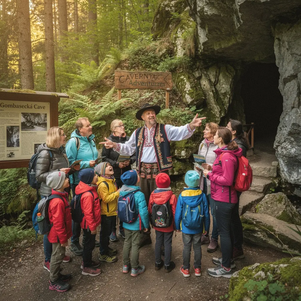 An illuminated chamber within a cave, highlighting the intricate details of mineral deposits and the enchanting atmosphere of Slovakia's underground.